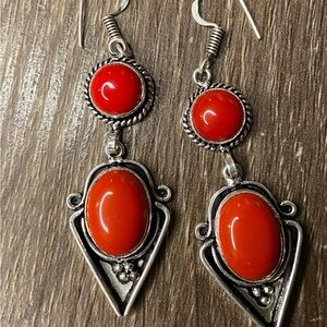 Elegant Red Coral and Silver Dangle Earrings
